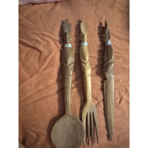 Kenya Hand-Carved Wood Utensils • Knife, Fork & Spoon • Vintage African 8" - Picture 2 of 8